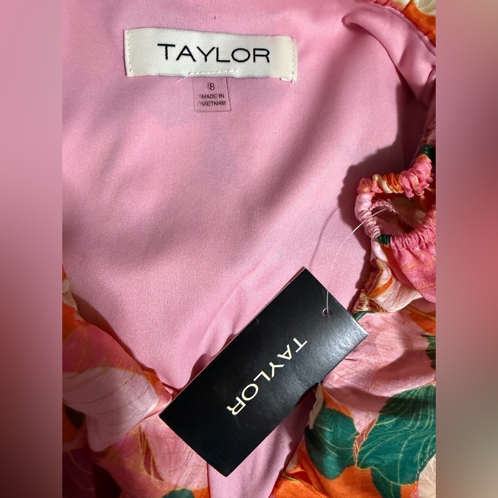 NWT Taylor Garden Botanical Pink Dahlia Faux Wrap w/ Tie Cottagecore Dress  8 - Picture 4 of 6